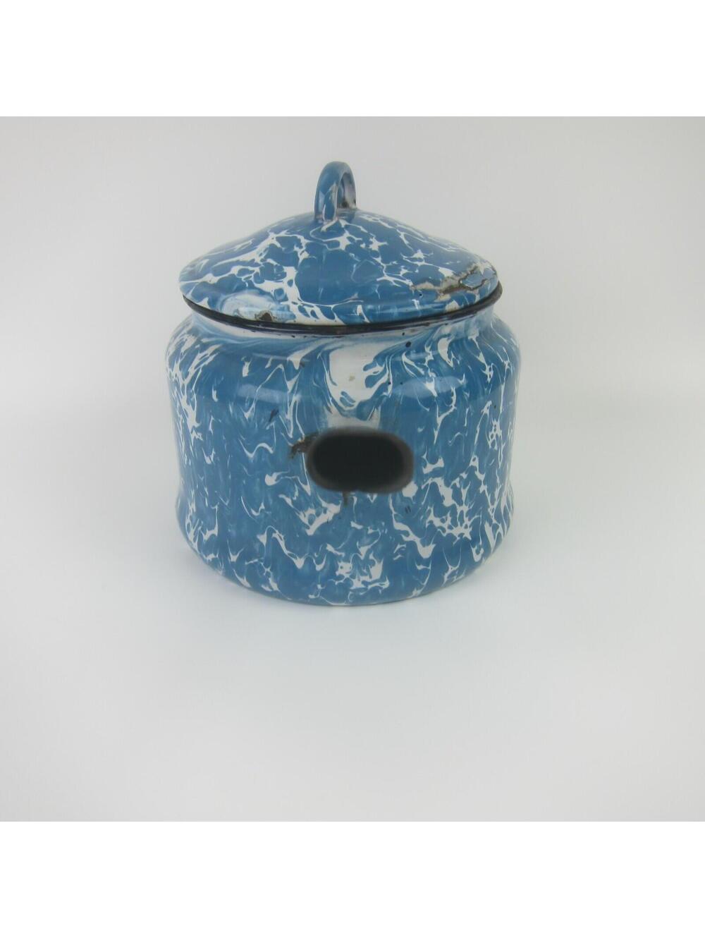 Antique Graniteware Enamelware Pot Blue & White Swirl with Lid Preserving Kettle - Picture 6 of 10